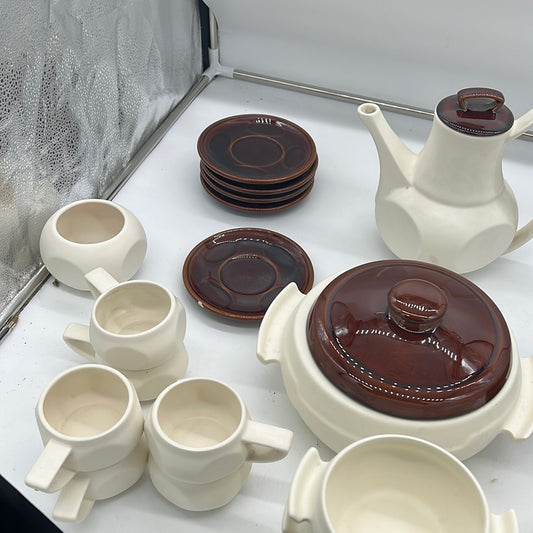 Brown/cream soup and tea set . (TS1)