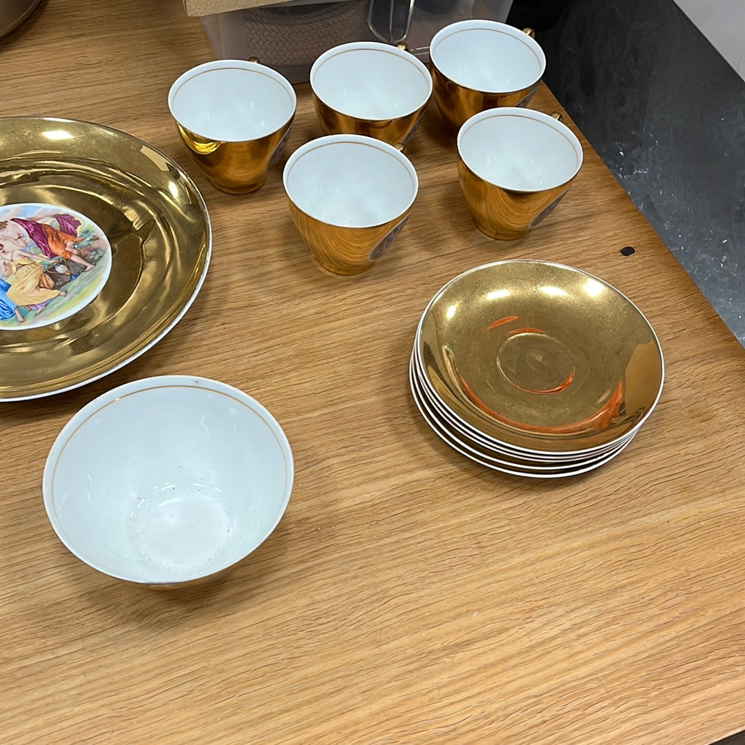 Antique Tea Cup, 4 Saucer & Desert Plate Gilded, Scenic, 19th Century Set.(ONLINE SALES ROOM (T 05)