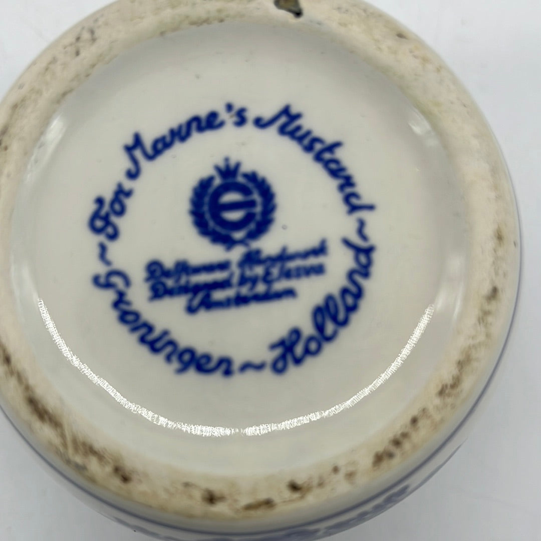 Vintage Delft Marnes Porcelain Mustard Jar Blue White Delftware (S)