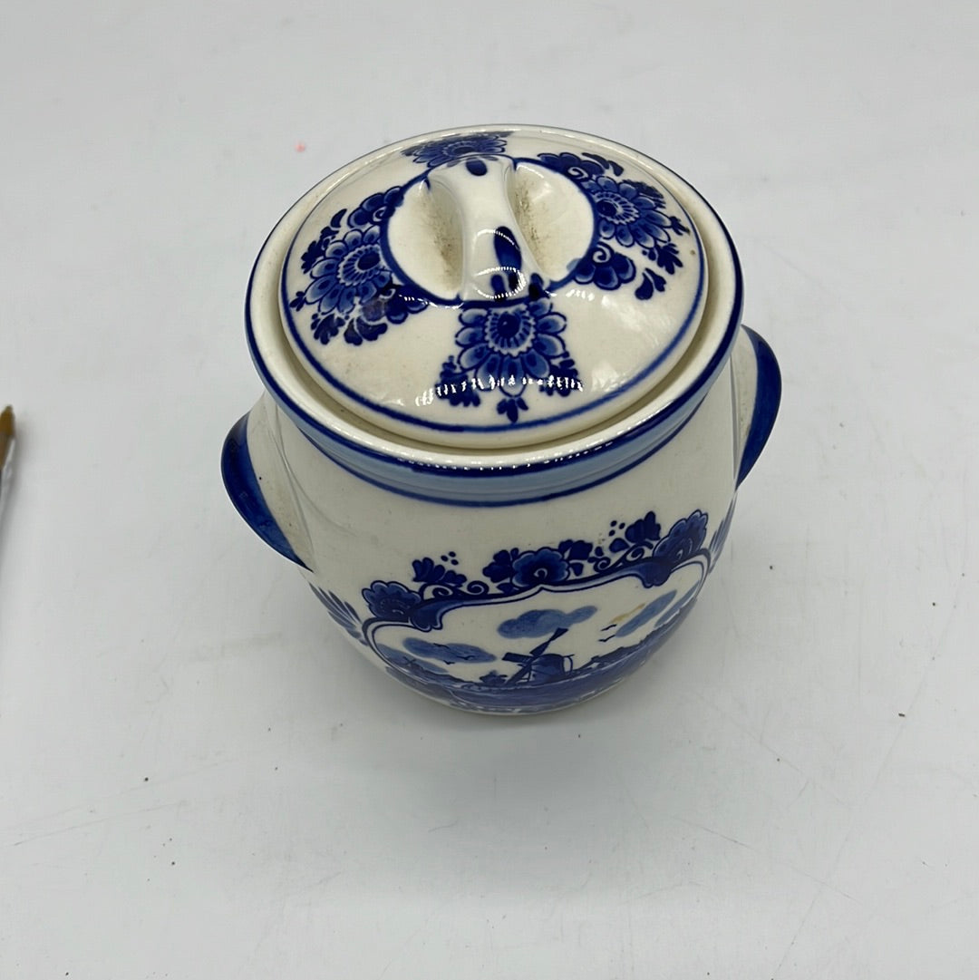 Vintage Delft Marnes Porcelain Mustard Jar Blue White Delftware (S)